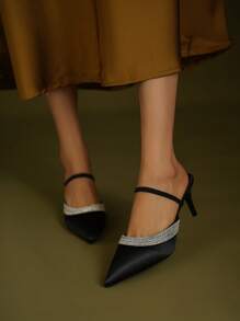 Women's Pointed Toe Crystal Embellished Backless Sandals High Heels, Versatile Slip-On Mule Shoes For Spring Summer Autumn, Black