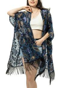 Easter Gift Velvet Kimono Robe,Velvet Kimono Cardigan For Women,Long Velvet Kimono Cover Up With Tassels,Blue Base Color With Golden Cashew Flowers Design,Short Velvet Kimono,Beach Kimono,1 Size Fits All - Blue - Long - 查看 2