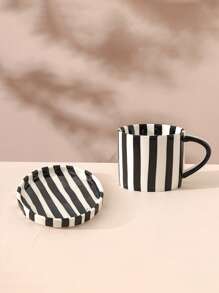 1 szt. Klasyczny ceramiczny kubek do kawy w paski i spodek, skandynawski minimalistyczny kubek w stylu retro, odpowiedni do latte, kawy, matchy, herbaty, kawy arabskiej, duża pojemność amerykańskiego kubka do kawy, świetny prezent dla przyjaciół i rodziny