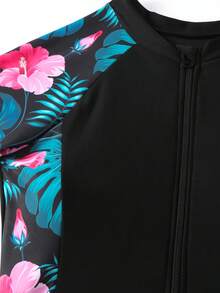 1 件热带印花女式连体泳衣，拉链开合，收腰，高端保守沙滩运动连体衣夏季