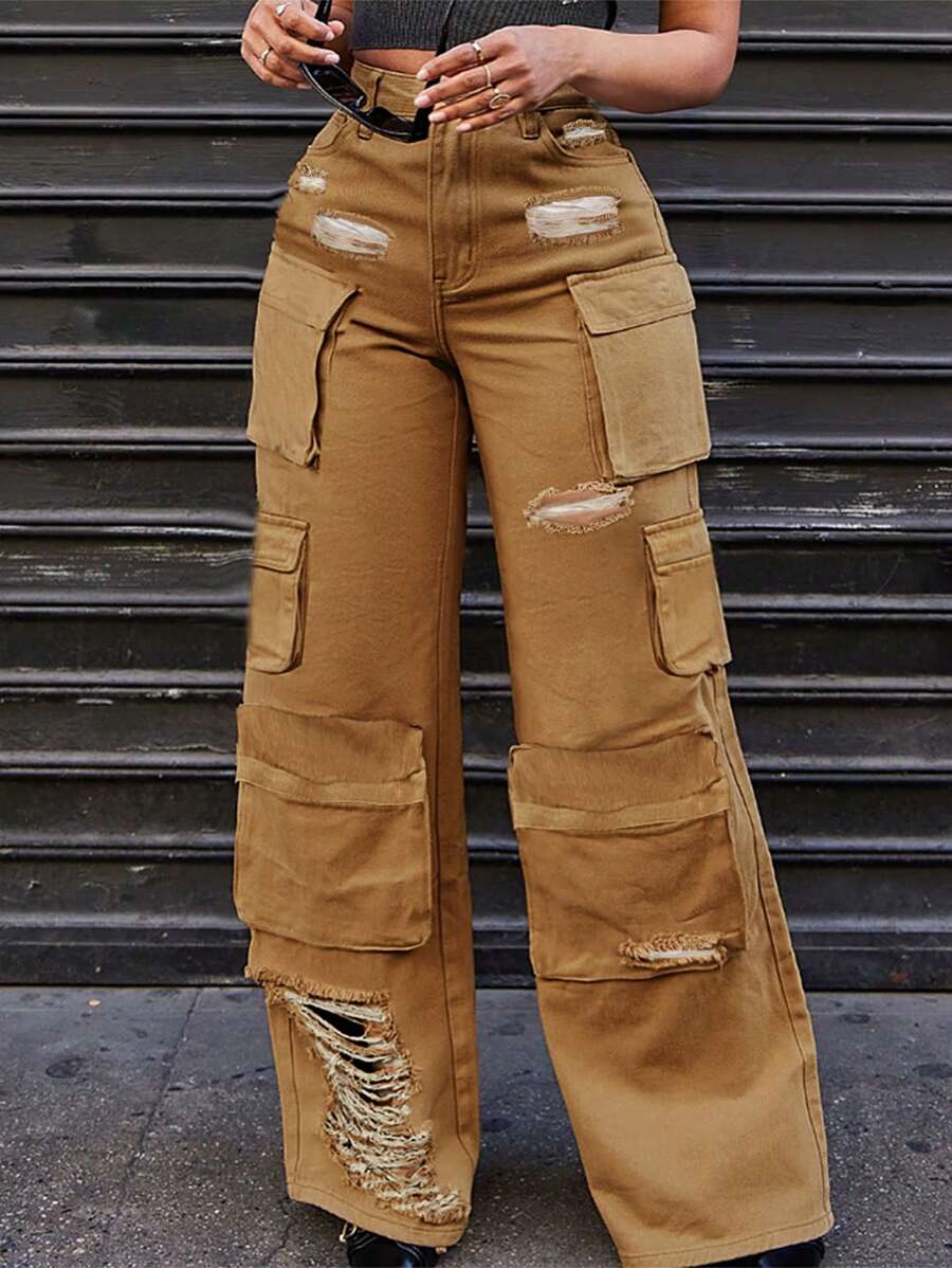 Quần công sở nữ ống thẳng nhiều túi, kiểu dáng thời trang đường phố xuyên biên giới châu Âu và Mỹ, thích hợp cho mùa xuân. - Màu Khaki - Xem 1