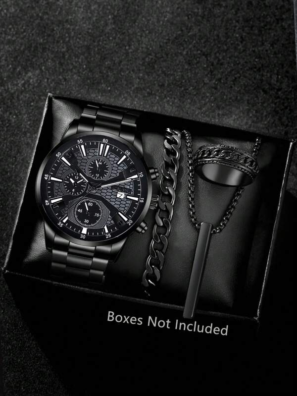Modisches 4-teiliges Herren Quarz Uhr Set mit Kalenderfunktion, Gehäuse und Armband aus Zinklegierung, rundes Zifferblatt, elektronischer Antrieb und Zeiger-Display, inklusive Anhänger Halskette, Armband & Ring, ideal für Männer als Party, Feiertag, Geburtstag Outfit oder als Geschenk für Brüder, das perfekte Geschenk für einen Mann (ohne Verpackung)