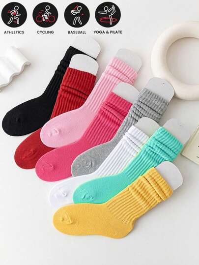 8 Pairs Women Sports Outdoor Stacked Socks, Korean Style Spring Summer Versatile Fleece Socks, Casual Breathable Minimalist, Solid Color Knee-High Socks