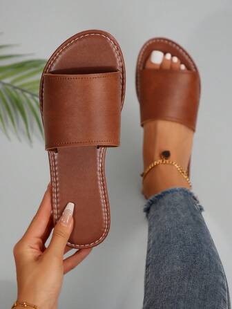 Women's Casual Flat Slippers, Round Toe Non-Slip Slides, Outdoor Beach Sandals