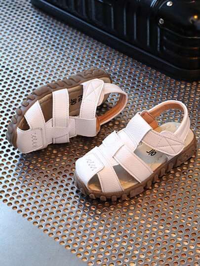 1 Pair Baby/Toddler Girls' White Hook And Loop Sandals, Versatile Indoor/Outdoor Minimalist Design Children Shoes