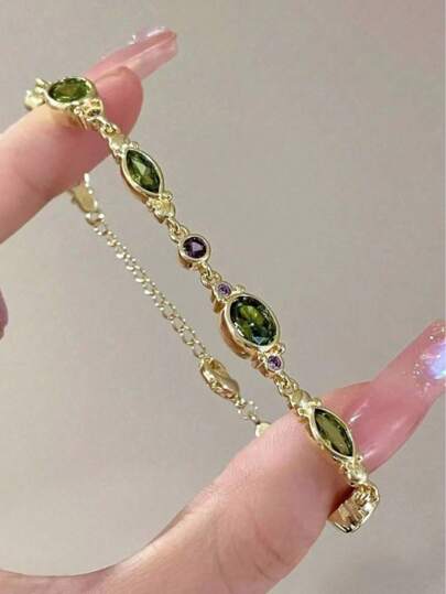 1件复古橄榄绿人造水晶和立方氧化锆手链