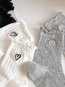 3 双女式黑白灰色竖条纹心形蕾丝边中筒袜纯色春夏学院风百搭时尚精致短袜