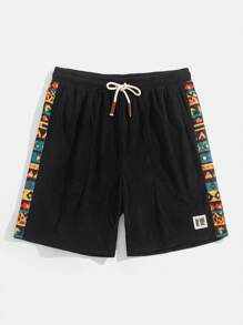 Summer Men's Textured Corduroy Patchwork Print Drawstring Shorts, Side Stripe Casual Loose Fit Breathable Fabric Streetwear Retro Shorts, Vertical Striped Textured Material - Black - View 2