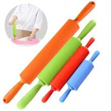 Rodillo de masa de pastelería con mango de plástico antiadherente, rodillo de silicona, herramientas de cocina para hornear, rodillo de Navidad - L azul - Ver 5