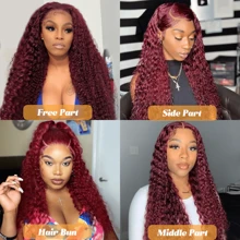 99j Burgundy Lace Front Wigs Human Hair Deep Wave Lace Front Wigs Human Hair Pre Plucked Red Curly Human Hair Wig 13x4 HD Colored Frontal Glueless Wet And Wavy Loose Deep Wave - S99J - 查看 3