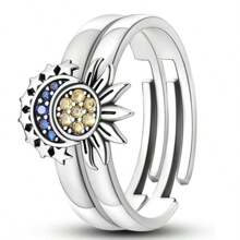 1 Pair Sun, Moon And Shiny Stars Design Copper Couple Rings With Colorful Zirconia Inlay