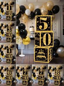 3 pièces Boîtes en papier noires et dorées, décoration de fête d'anniversaire 18e/30e/40e/50e/60e/70e/75e/80e, fournitures pour fête de 40/50/60 ans, décorations de fête d'anniversaire, boîtes décoratives pour fond de fête à la maison, décoration de fond de fête, accessoires photo, boîtes d'emballage cadeau