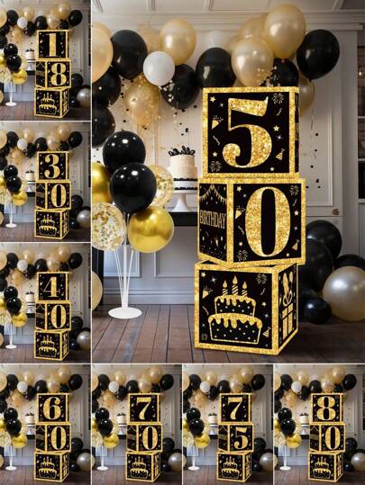 3Pcs Black And Gold Birthday Paper Boxes,18th/30th/40th/50th/60th/70th/75th/80th Birthday Party Decor,40/50/60 Years Old Supplies,Happy Birthday Party Decoration,Home Party Supplies Background Decorative Box,Party Background Decor,Photography Props,Gift Wrapping Boxes