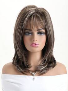 Women's Fashion Natural Medium-Long Brown Ombre Blonde 16 Inch Synthetic Fiber Wig With Air Bangs, Suitable For Daily Wear, Holidays, Birthday, Music Festival, Halloween Cosplay, Christmas Party