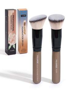 MAANGE 2 件装专业面部粉底刷，带纸盒，圆头和扁头粉底刷，化妆工具采用柔软纤维且亲肤，方便携带，便携式设计非常适合日常化妆、专业使用和旅行，是送给女性和女孩的礼物 - 咖啡棕 - 查看 2