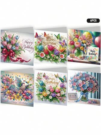6 套 - 生日钻石画贺卡，DIY 5D 独特钻石艺术装饰画生日贺卡，马赛克手工工艺品，优质纸质材料，适用于派对用品和节日祝福