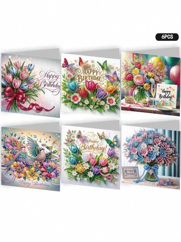 6 sets - Cartes de vœux de peinture de diamant d'anniversaire, peinture d'art de diamant 5D DIY unique, cartes d'anniversaire décorées de mosaïque artisanale, matériau en papier de qualité premium, convient pour les fournitures de fête et les bénédictions des fêtes
