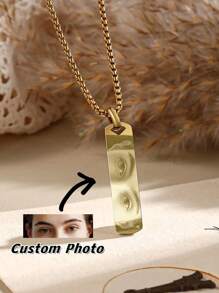 Customized Stainless Steel Laser Engraved Eye Photo Necklace, 60cm Faux Pearl Chain Personalized Rectangle Pendant Necklace, Gift For Boyfriend Couples Eye-To-Eye Couple Necklace,Jewelry & Watches,Season Picks,Custom Name Stainless Steel Necklace, Personalized Nameplate - Silver - View 5