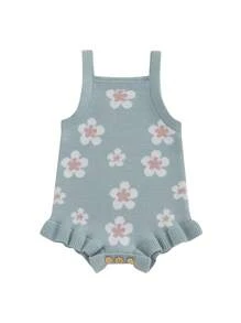 Baby Girls Knit Romper Spring Fall One Piece Knitted Jumper Jumpsuit Sleeveless Ruffle Trim Floral Print Bodysuit Top Summer Outfit