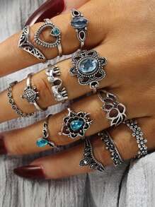 Bộ 13 chiếc/Bộ Nhẫn trang trí hình rùa và trái tim bằng hợp kim kẽm cổ điển ngẫu nhiên dành cho nữ làm quà tặng ngày lễ tình nhân - Màu Bạc Cổ - Xem 6