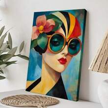 1pc Framed Canvas Wall Art Poster Abstract Colorful Modern A Woman Wearing Sunglasses And A Flower In Her Hair Wall Art For Living Room Bedroom Bathroom Kitchen Apartment Hotel, Artful Home Decoration - Framed, Vertical
