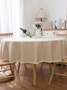 1 件圆形亚麻蕾丝边桌布，适用于客厅、餐厅、圆桌、婚礼装饰、家居装饰、生日派对、户外 - 米色 - 查看 5