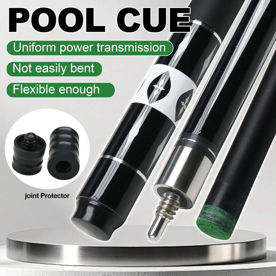 Professional 1/2 Jointed Glass Fiber Pool Cue, 146cm Long With Black Shaft And White Diamond Pattern, 12.5mm High-Quality Leather Tip, Multi-Layer Leather Designed For Strong Grip, Suitable For Players Of All Levels - Black - View 1