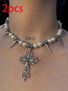 1pc Gothic Cross Spiked Pearl Necklace, Metal Accessories For Daily Outfit And Party