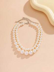 2 Pcs Elegant Multilayer Pearl Beaded Necklace - White - View 3