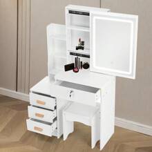 OYAJIA White Dressing Table Makeup Desk Vanity Set With Drawers LED Sliding Mirror, White Vanity Table With Drawers & Cushioned Stool For Bedroom Modern - White - View 6