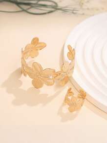 1 Set Floral Design Metal Bangle Bracelet & Ring, Bringing Spring Vibe, Suitable For Vacation & Travel - Yellow Gold - View 3
