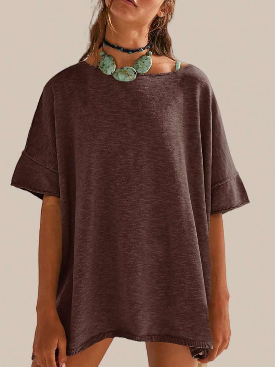 Women's Oversized T Shirt Loose Fit Crew Neck Short Sleeve Side Slit Summer Blouse Top - Cà phê nâu - Xem 1