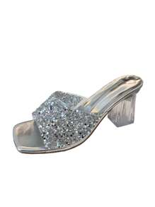 女士银色高跟方头亮片一脚蹬凉鞋，时尚百搭粗跟水晶高跟性感凉鞋，适合夏季