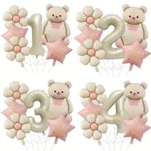 Set de 8 piezas, número 1,2,3,4,5 de 32 pulgadas en color marfil y oso de peluche rosa, oso con lazo, globo de aluminio con margaritas vintage, globo estrella de feliz cumpleaños, decoraciones reutilizables para fiesta de cumpleaños