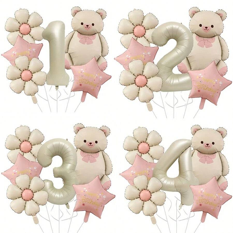 Set de 8 piezas, número 1,2,3,4,5 de 32 pulgadas en color marfil y oso de peluche rosa, oso con lazo, globo de aluminio con margaritas vintage, globo estrella de feliz cumpleaños, decoraciones reutilizables para fiesta de cumpleaños