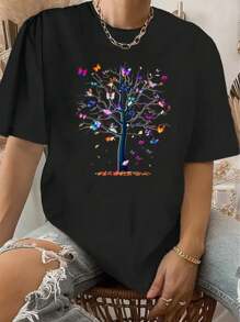 Women's Vibrant Butterfly Tree Print T-Shirt - Casual Round Neck, Short Sleeve, 100% Cotton, Machine Washable - Summer Retro Style In Black, Summer Casual Wear|Vibrant Graphic Tee - Printing T Shirts - 黑色 - 查看 1