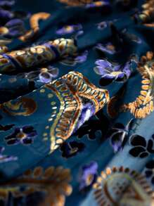 Easter Gift Velvet Kimono Robe,Velvet Kimono Cardigan For Women,Long Velvet Kimono Cover Up With Tassels,Blue Base Color With Golden Cashew Flowers Design,Short Velvet Kimono,Beach Kimono,1 Size Fits All - Blue - Long - 查看 5