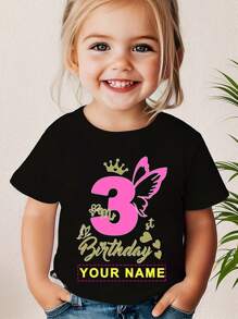 [Customized] BIRTHDAY Butterfly Number Birthday Custom Name Printed Creative Tee, Girls Children's Sports Casual Short Sleeve Top, Fast Delivery
