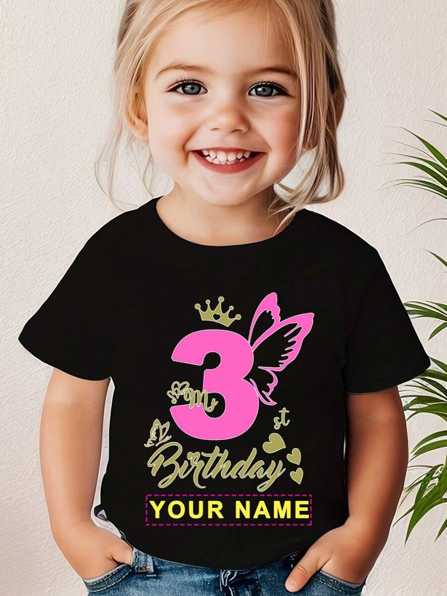 [Customized] BIRTHDAY Butterfly Number Birthday Custom Name Printed Creative Tee, Girls Children's Sports Casual Short Sleeve Top, Fast Delivery