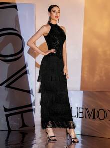 LOVE&LEMONADE 黑色露背流苏鱼尾亮片礼服，优雅晚宴婚礼宾客礼服，适合毕业典礼、晚宴等场合，春季穿着。 - 黑色 - 查看 3