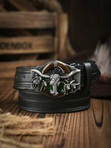 1pc Western Cowboy Style Bull Head Buckle Leather Belt, Fashion PU Material Unisex Retro Belts, 4 Colors Available - Ox - View 21