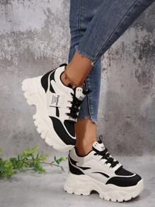 秋冬新款网眼休闲女式运动鞋，透气时尚百搭女士厚底坡跟运动鞋 - 黑色 - 查看 5