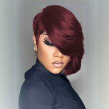 Krótkie peruki dla kobiet z ludzkich włosów, fryzura pixie z grzywką na bok, kolor czekoladowy brąz, czarny, 99J, bordowe peruki pixie dla kobiet, w pełni maszynowo wykonana peruka z ludzkich włosów, peruka bezklejowa, peruka bez koronki z przodu, fryzura warstwowa, krótkie peruki na kostiumy na Halloween, do codziennego użytku