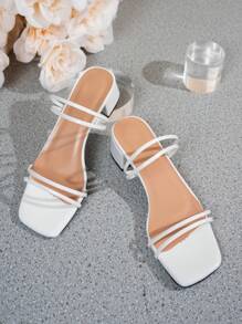 Elegant Black High Heel Sandals With Artificial Leather Straps, Square Toe, Chunky Heel, Ankle Strap,Spring Summer Outfits - White - View 5