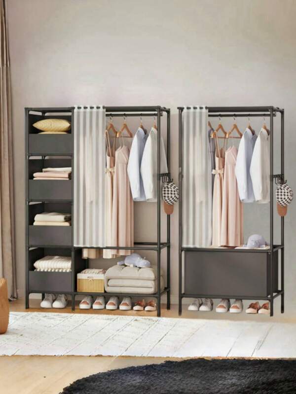 Multi-Layer Portable Wardrobe Closet Organizer With Metal Frame And Plastic Shelves, Easy Assemble Movable Clothing Cabinet Suitable For Living Room, Bedroom, Study, Office, Holiday Gift, Children Gift