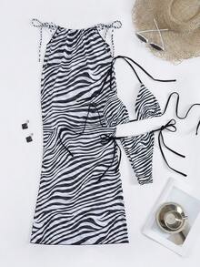 PEPPERMOLLY 新款柔软斑马纹露背系带性感优雅三件套派对比基尼泳装，女士夏季海滩时尚度假装 - 黑與白 - 查看 2