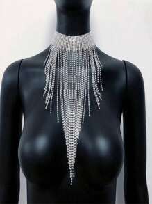 1 pièce Collier à franges avec strass argentés, convient pour les vacances, les fêtes et les occasions formelles - Argent - Voir 5