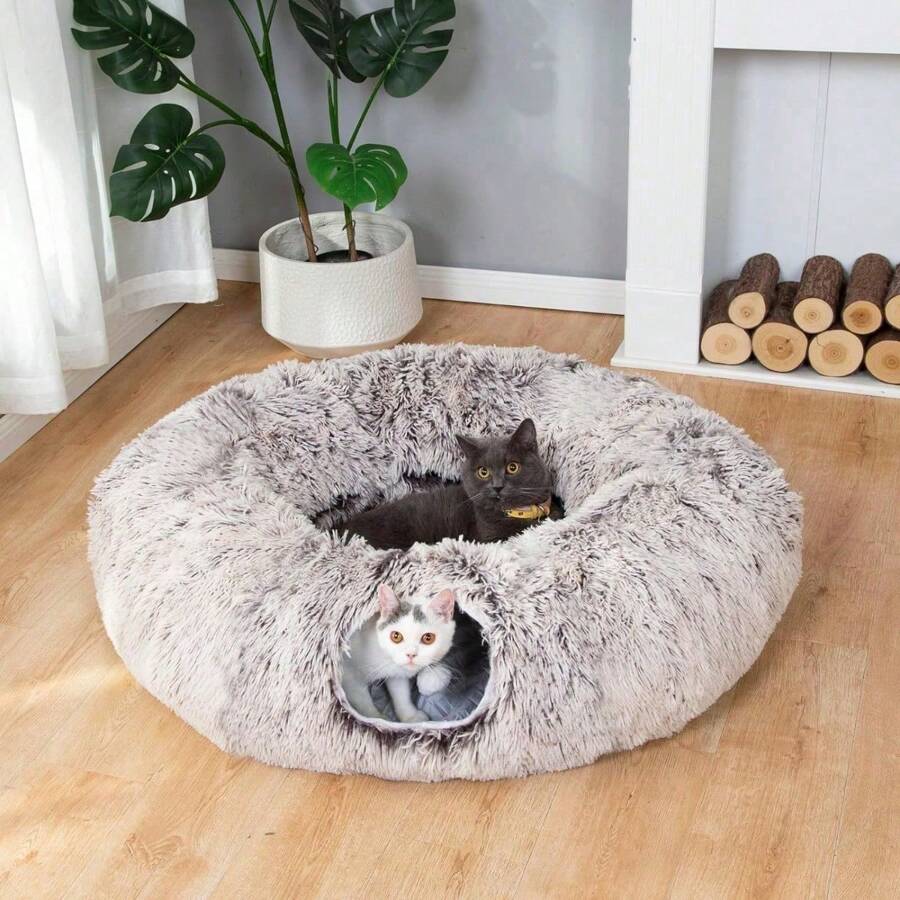 Warm Fluffy Plush Cat Dog Tunnel Bed With Washable Cushion-Big Tube Playground Toys 3 FT Diameter Longer Crinkle Collapsible 3 Way, For Indoor Cat Kitty Kitten Puppy Rabbit Ferret Brown - Brown - View 1