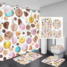 4 pièces Ensemble de rideaux de douche et accessoires de salle de bain avec tapis antidérapants, couvercle de toilette et tapis de bain. Imperméable, séchage rapide, résistant aux moisissures. Décoration de salle de bain avec 12 crochets. Thème chocolat, bonbon, citrouille d'Halloween, cœurs, navette spatiale, coucher de soleil, plage, palmiers pour la maison, l'hôtel, le dortoir