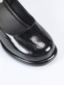 Women's Black Pointed Toe Pearl Decor Chunky Heel Pumps, Comfortable, Minimalist, Casual, Formal, Versatile High Heels